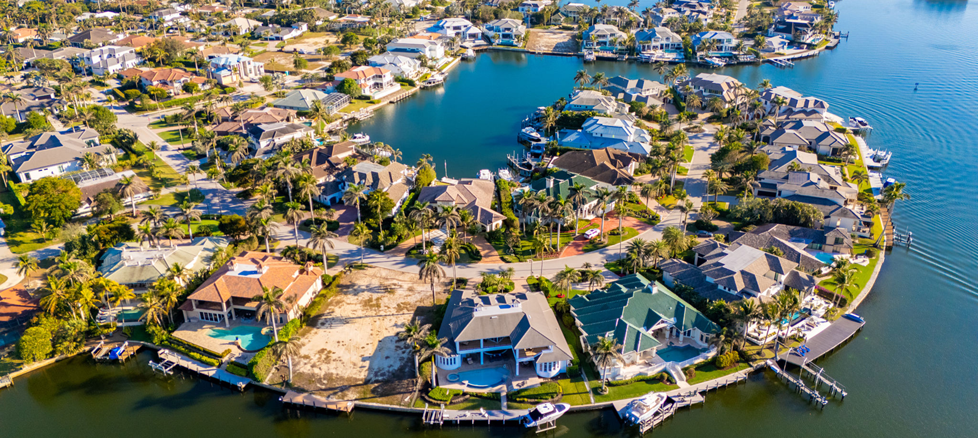 Aerial view of waterfront neighborhood