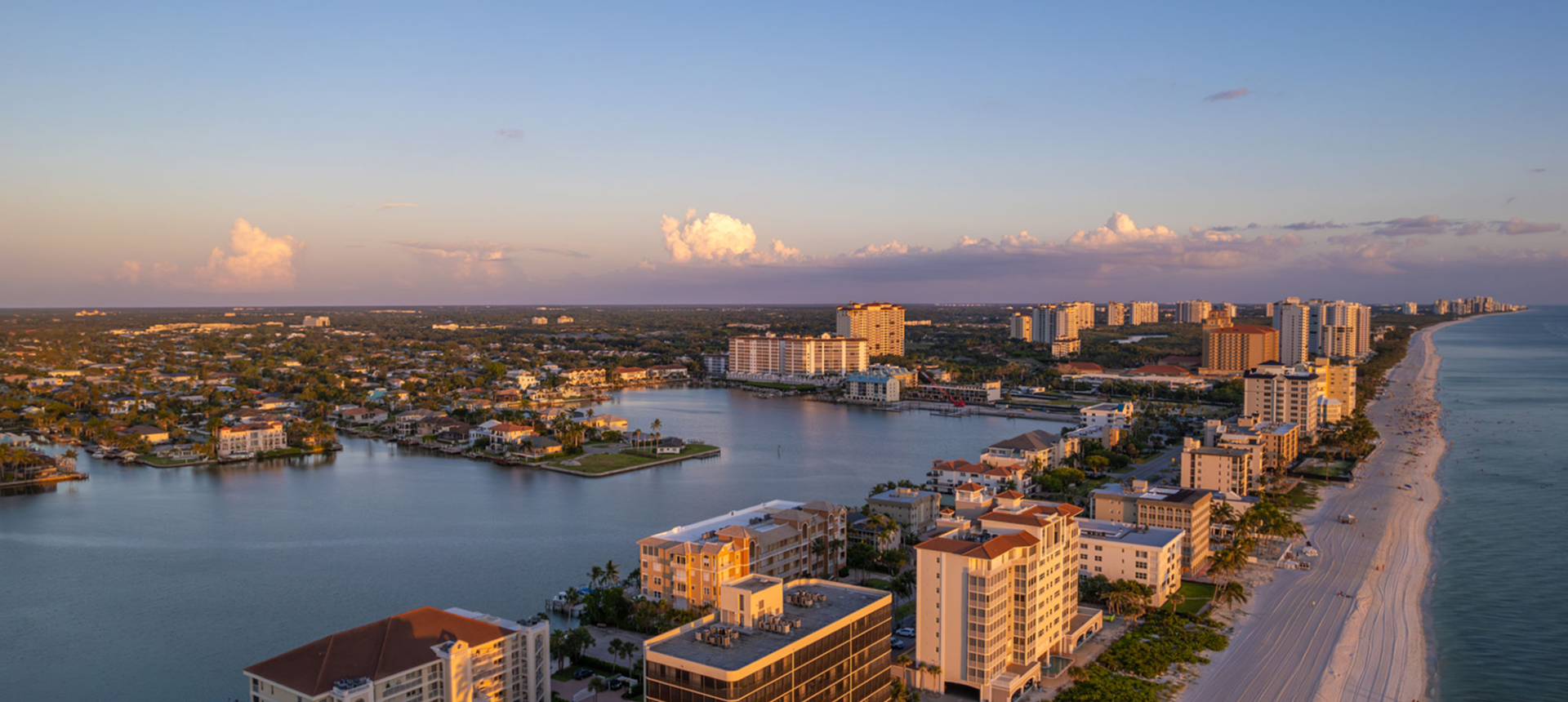 Aerial view of beachfront cityscape